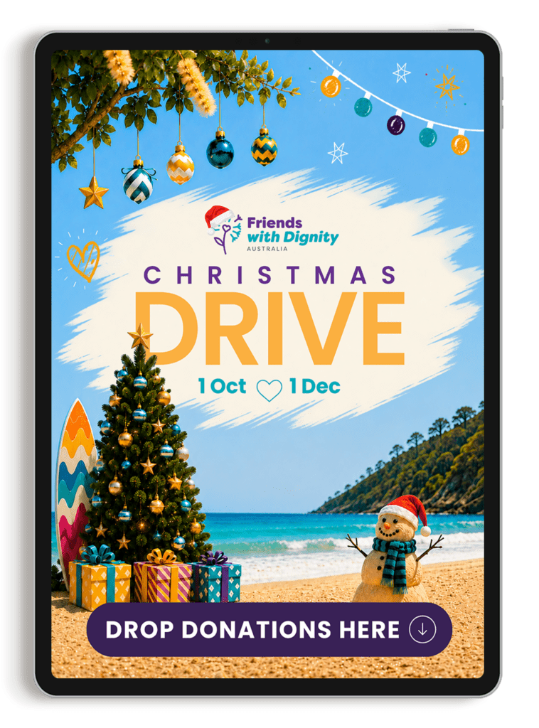 Friends With Dignity Christmas Drive drop-off point sign